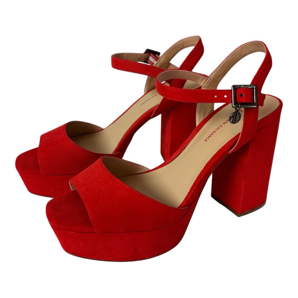 Armani Exchange A|X platform heels sandals ankle strap red suede size US 6 EU 37